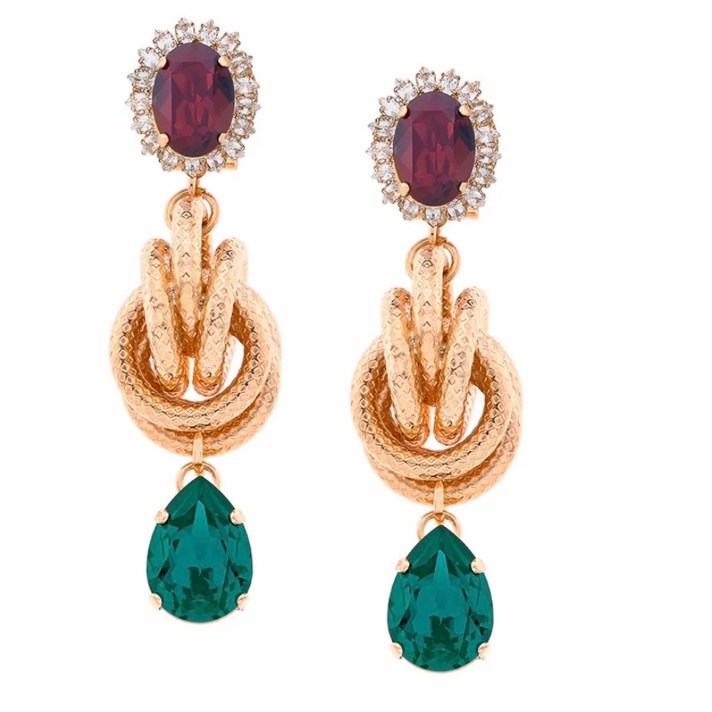 Anton Heunis Charlotte Drop Earrings Burgundy Stone Gold Knot Green Formal